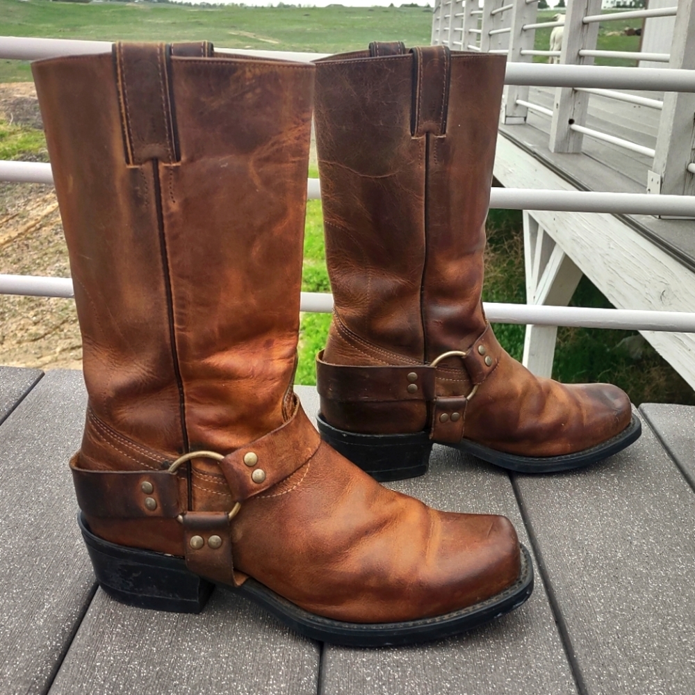 BROWN LEATHER BOULET HARNESS MOTORCYCLE BOOTS WOMENS 9.5 MENS 8.5